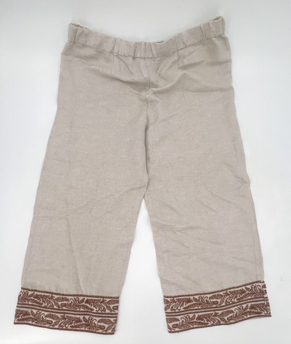 J.Jill Pants Womens Small Petite Brown Linen Cropped Embroidered Pull On Elastic